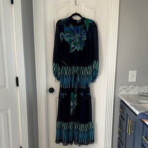 Maison Tara Dark Blue Maxi Dress with Teal & Green Floral Print